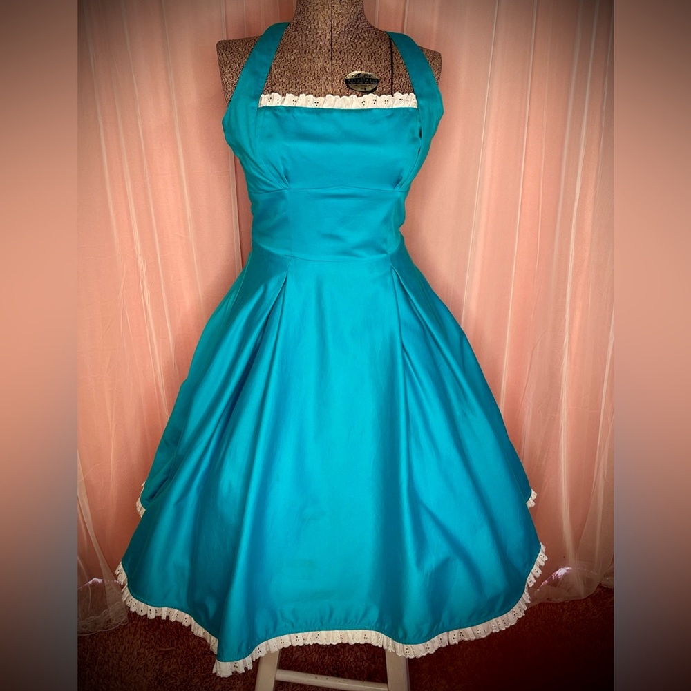 Pinup couture full circle Caribbean blue and white eyelet Swing Dress